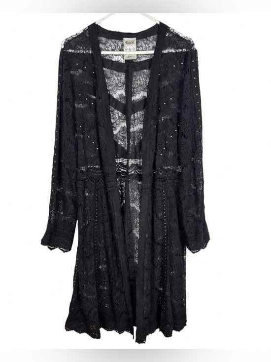 Vocal Tops - Vocal Cardigan Duster Size XL Crochet Lace Studded Suede Whimsigoth Witchy Black